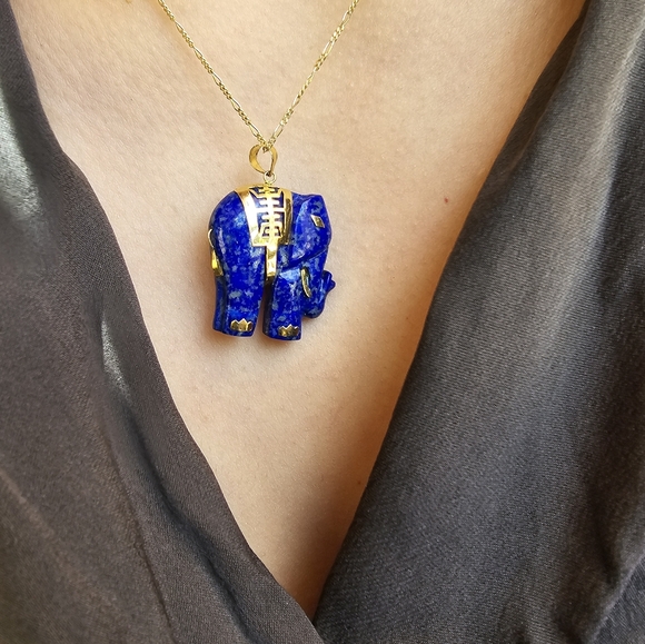 14k Lapis Carved Elephant Pendant - Picture 4 of 4